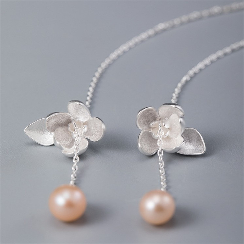100% 925 Sterling Silver Long Chain Tassel Flower Earrings Female Natural Freshwater Pearl Dangle Drop Earring For Women