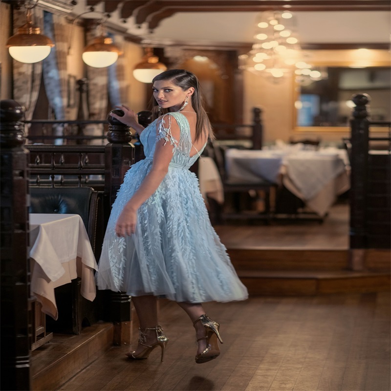 Papilio Light Sky Blue Party Dresses Leaf Appliqued Lace Sequins Sweep Train Evening Dress Sexy Backless Custom Made Party Gown Hot Sale