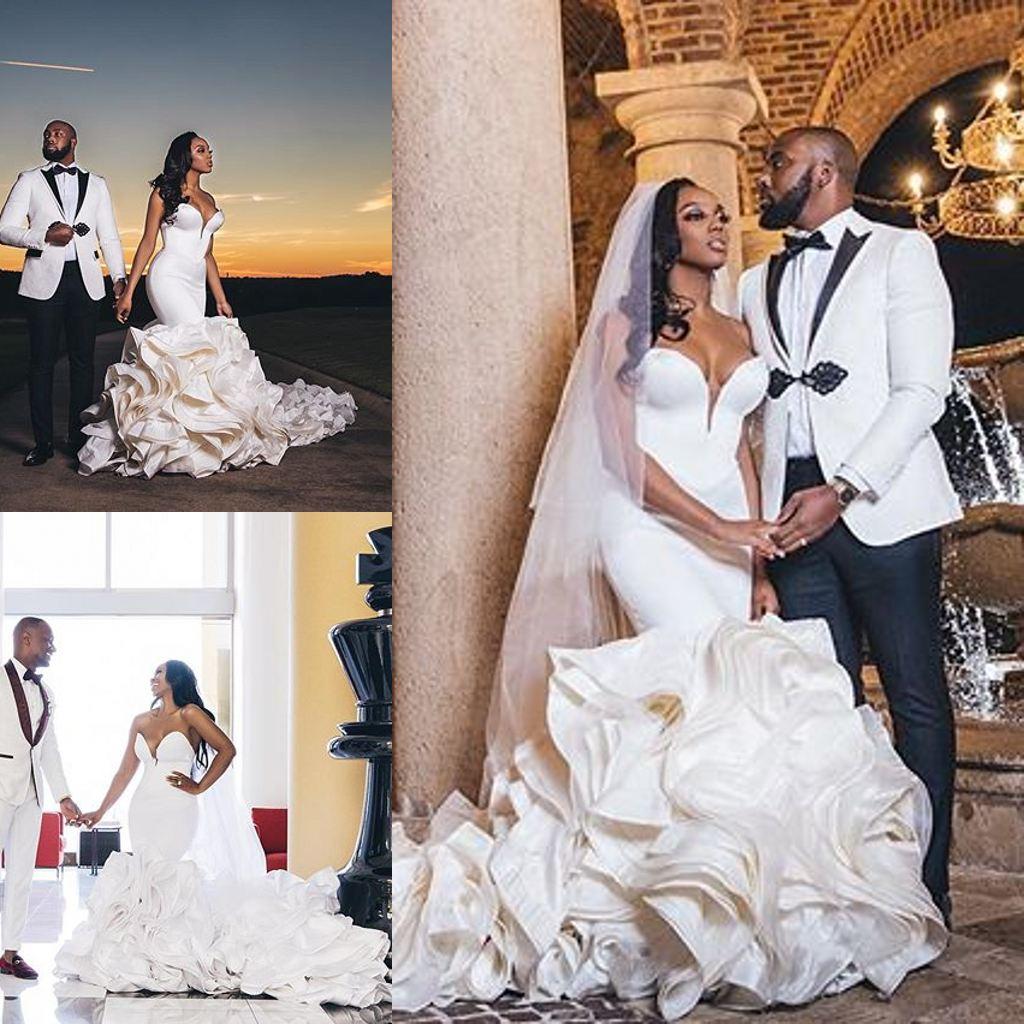Sweetheart Mermaid Wedding Dresses 2021 Cascading Ruffles Cathedral Train African Nigerian Fishtail Wedding Gown Robe De Mariee