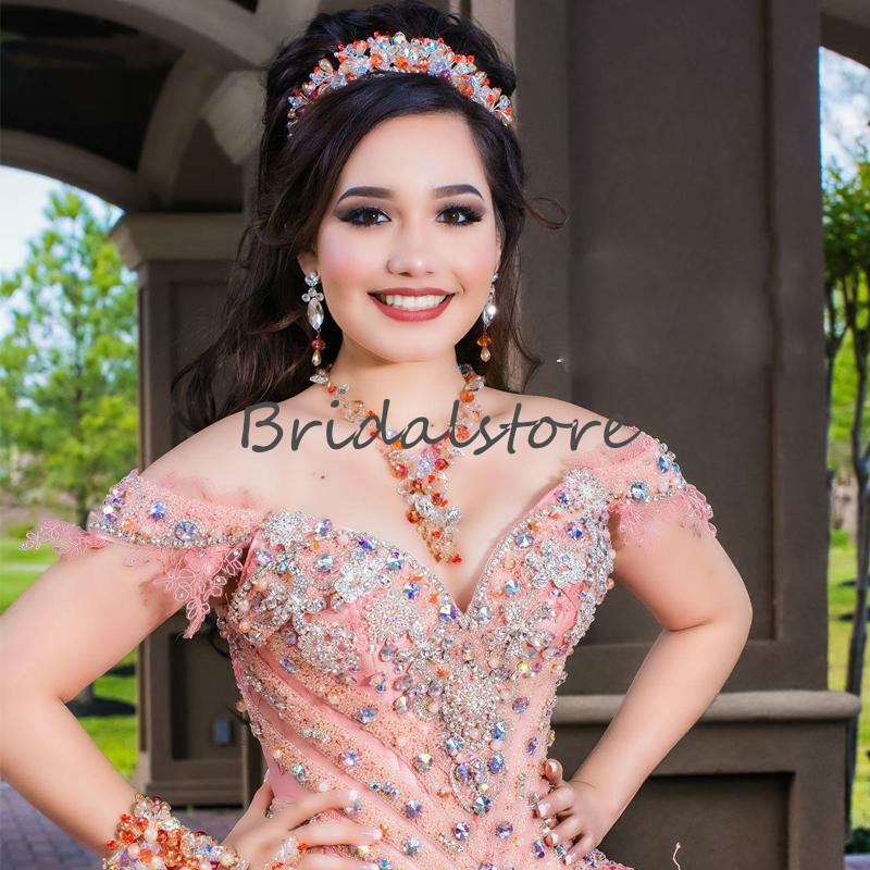 Luxury Coral Pink Quinceanera Dresses Mexican Off The Shoulder Rhinestone Beaded Pageant Formal Dress 2020 Princess Sweet 16 Dress For Prom