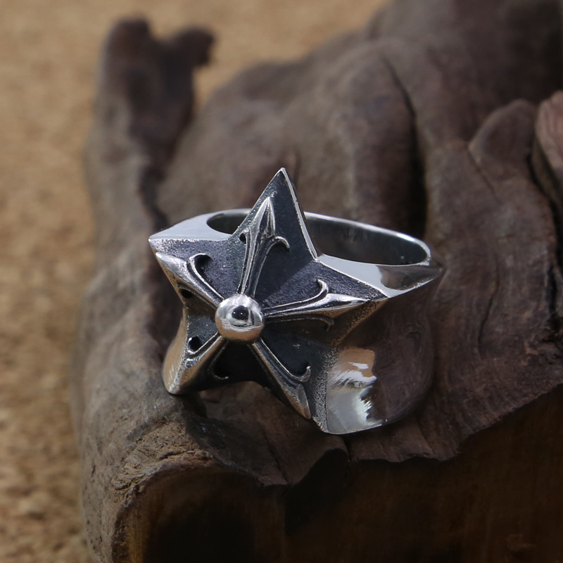 Vintage style 925 sterling silver handmade jewelry antique silver star band rings American European designer men's rings free shipping