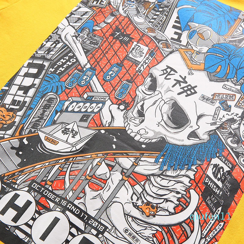 Hot sale-2019 Men Harajuku T Shirt Cartoon Skull Assembly Line T-Shirt Japanese Style Streetwear Oversized Tshirt Summer Tops Tees Cotton