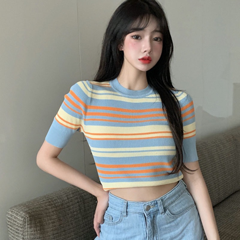 Striped Knitted Tops Summer Women Short Sleeve Slim Sexy O Neck Tank Street Fashion Basic Casual Crop Top new, Blue
Striped Knitted Tops Summer Women Short Sleeve Slim Sexy O Neck Tank Street Fashion Basic Casual Crop Top new, Blue