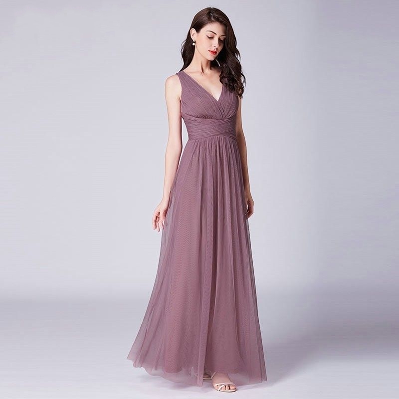 New Bridesmaids Dresses Pretty Elegant A Line V Neck Long Tulle Pleated Wedding Party Gowns Robe Mousseline Evening Dress