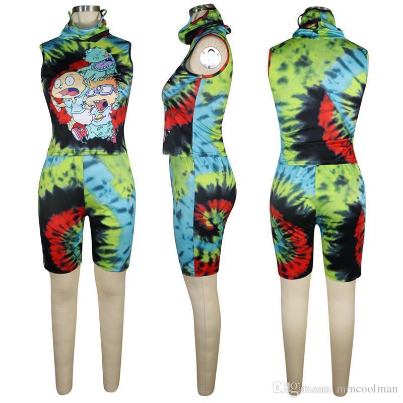 2023 Women Designer T-shirt Shorts tracksuits Outfits Jogger Suit 2 Piece Set With Mask Sleeveless Pullover Tie-dye Summer Casual Clothes Tracksuit