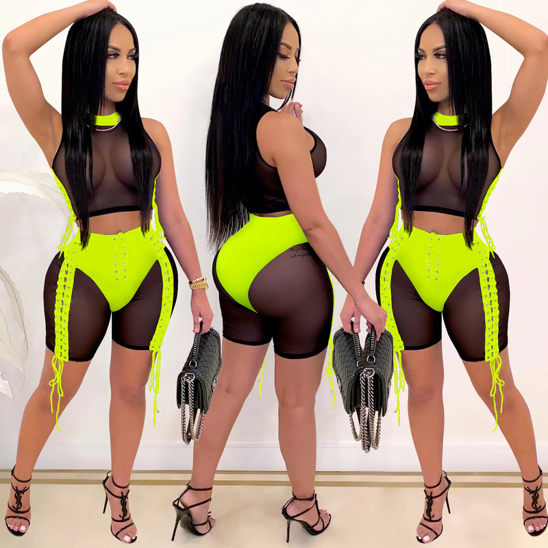 Sheer Mesh Sexy Two Piece Set Women Clothing Sets Summer Crop Top Biker Shorts Festival Bodycon 2 Piece Club Outfits for Women17236005