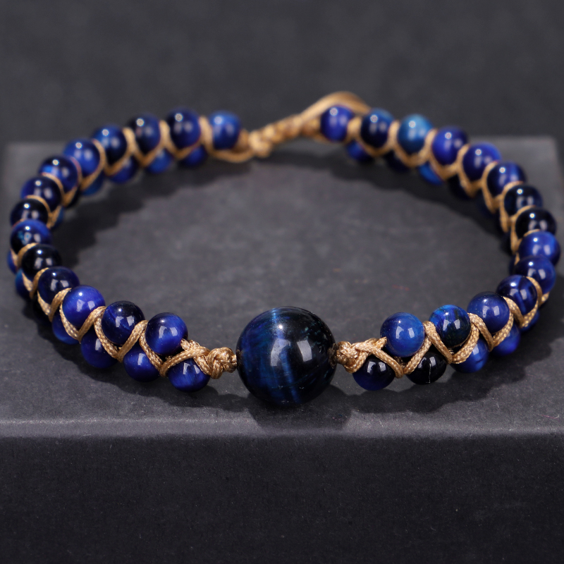 Fehame High Quality Natural Lapis Lazuli Blue Tiger Eye Stone Beads Bracelets for Women Men Stretch Round Bracelet Couple Gift