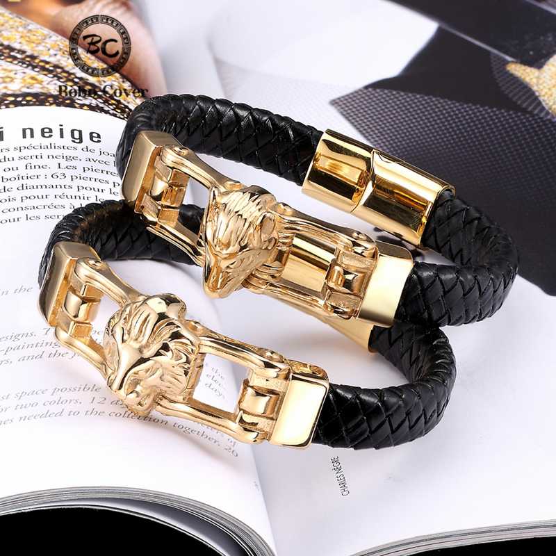 New Punk Design Gold Animal Genuine Leather Bracelets Men Female Stainless Steel Lion Wolf Leopard Bangle Wristband Male Jewelry
New Punk Design Gold Animal Genuine Leather Bracelets Men Female Stainless Steel Lion Wolf Leopard Bangle Wristband Male Jewelry