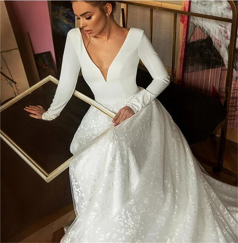 Lace Wedding Dresses 2020 Long Sleeve V-neck Boho Bridal Gowns Satin Backless White Vestido de noiva Plus size custom-made