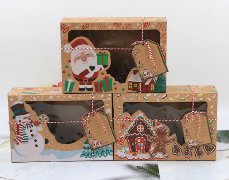 24 pcs New Kraft Paper Box Kraft Paper Large Christmas Candy Box PVC Window Biscuit Gingerbread Christmas Decorations