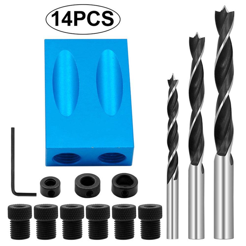 14Pcs/Set Pocket Hole Jig Kit 15 Angle 6/8/10mm Drive Adapter for Woodworking Angle Drilling Holes Guide Dowel Jig Wood Tools