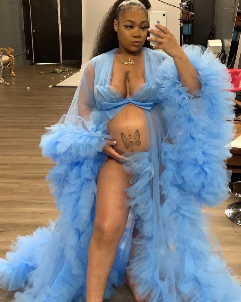 Ruffles Kimono Women Dress Light Sky Blue Robe for Photoshoot Extra Puffy Sleeves Prom Gowns African Cape Cloak Maternity Dress Photography