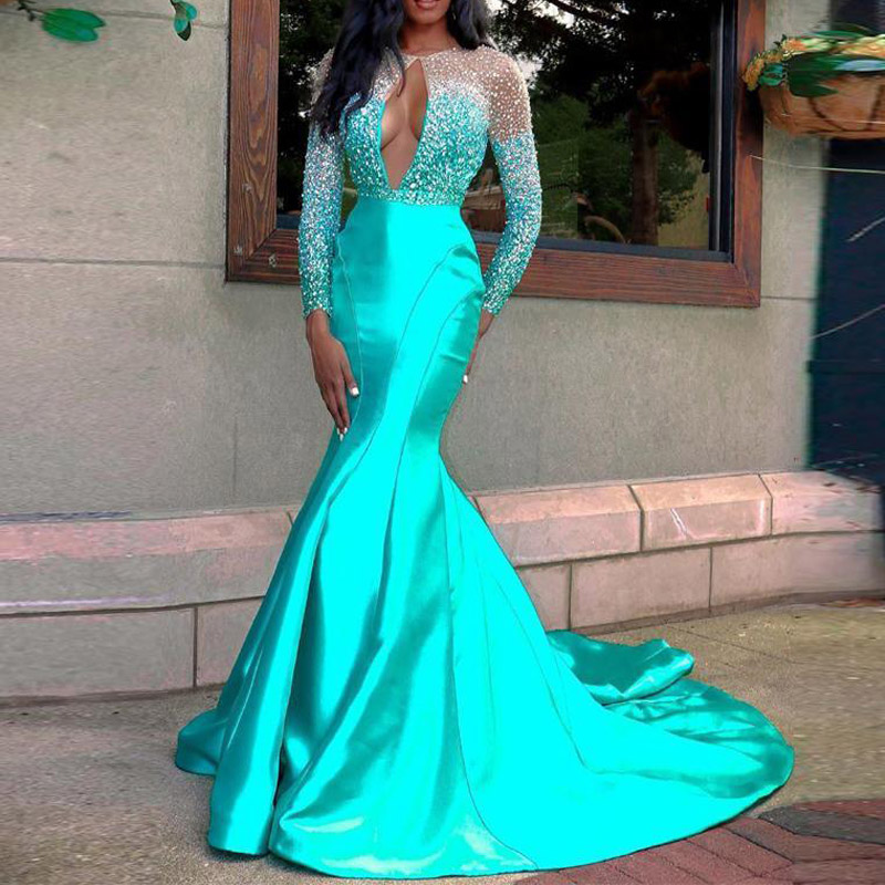 Custom Beaded Long Sleeves Evening Party Formal Gowns Sexy Keyhole Neckline Prom Dresses Mermaid Sweep Train Bride Vestidos De Novia