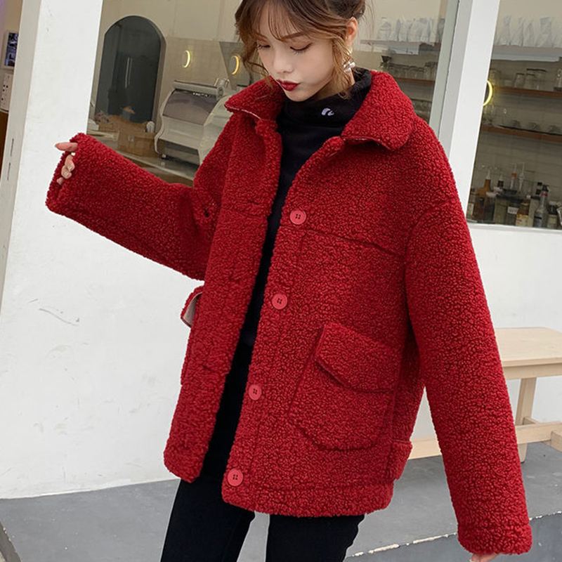 Women fur jacket thick warm faux cashmere two pockets furry jackets casual faux fur turndown collar female winter styled coat