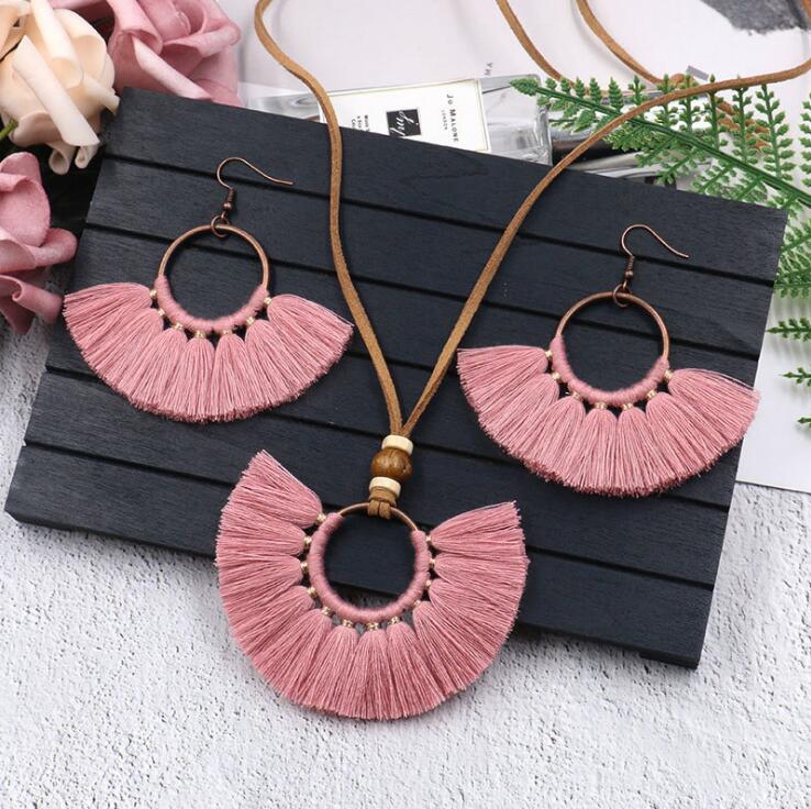 Tassel Earrings Necklace Set Handmade Multicolor Bohemian Women Ethnic Circle Jewelry Set GD503
