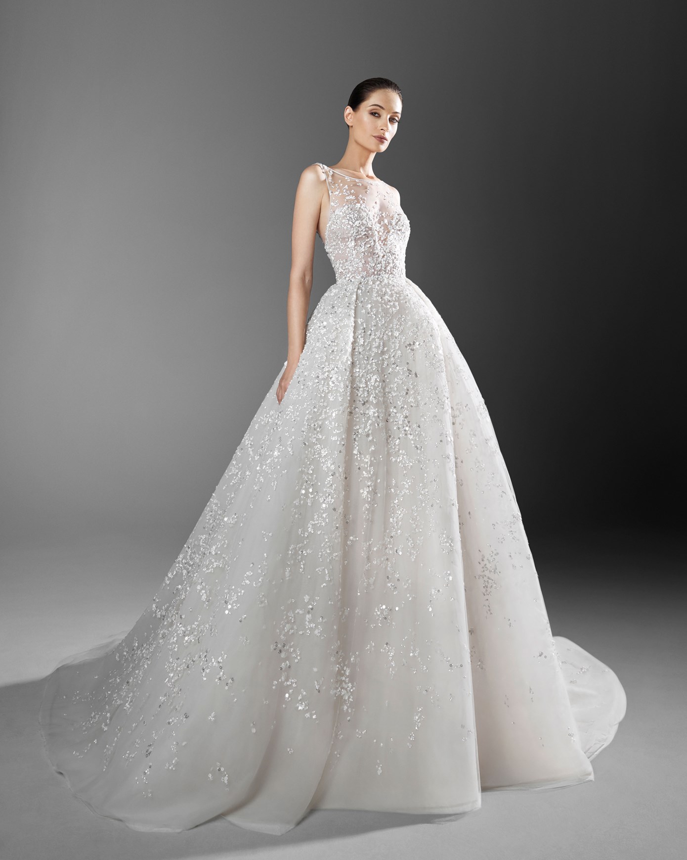 2021 Zuhair Murad A Line Wedding Dresses Sexy Sheer Neck Bling Lace Appliques Sweep Train Plus Size Backless Wedding Robe De Mariée