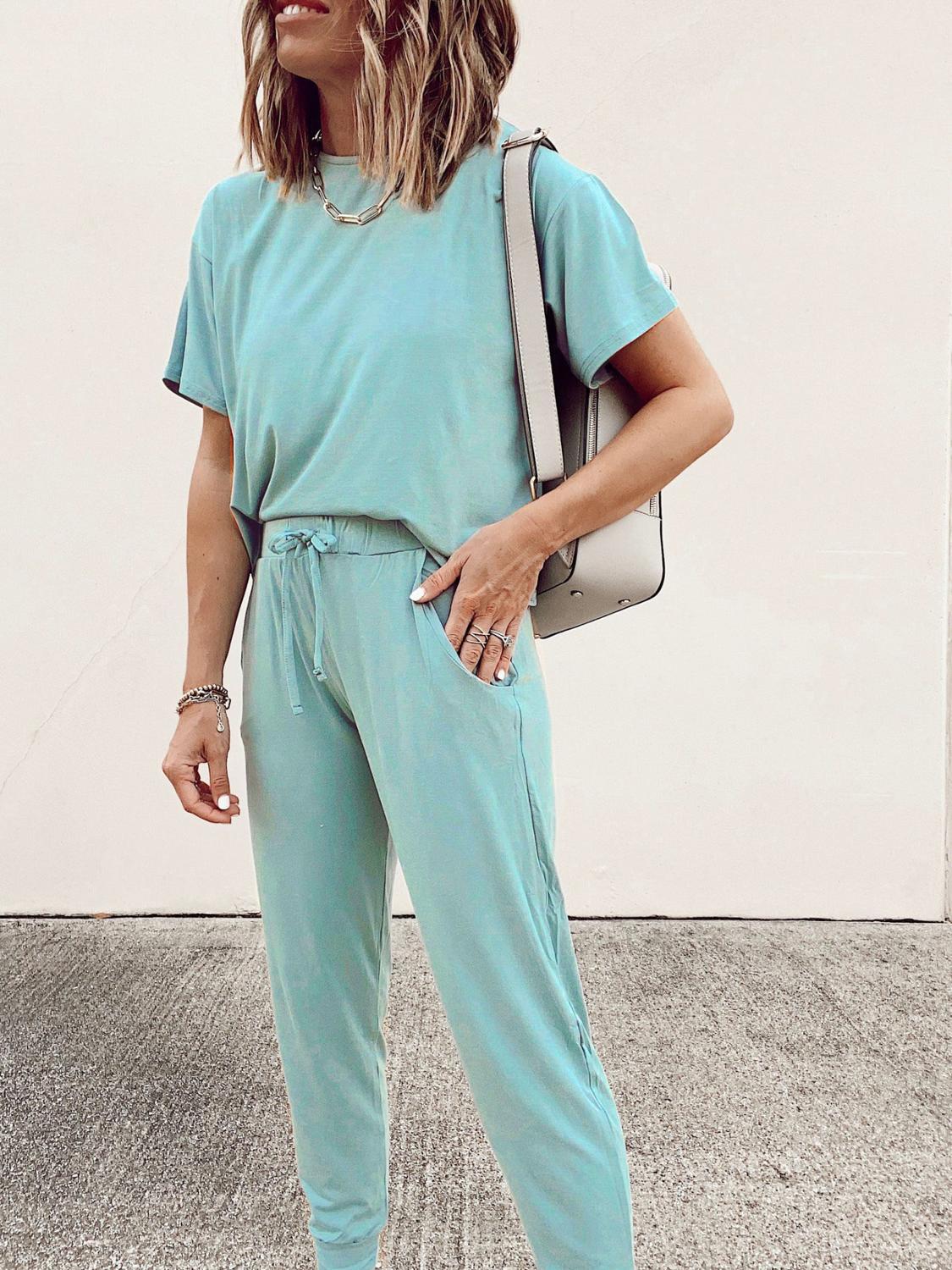 Women Tracksuits Set Lounge Wear Short Sleeve Tops and Long Pants Sweat Suits Elastic Waist Casual Solid Outfits 2 Pieces Set T200808
