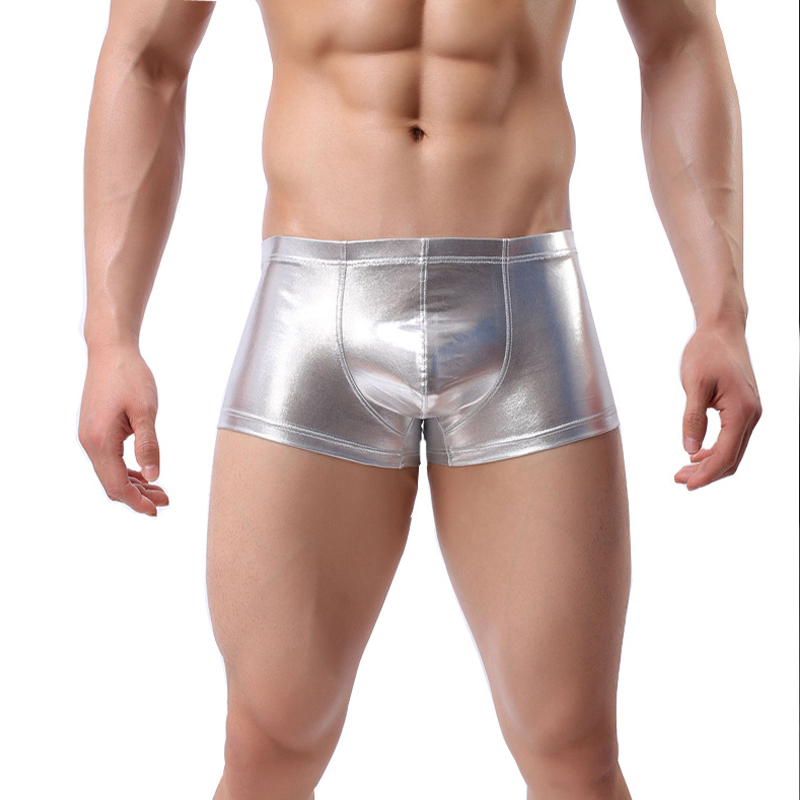 ANNJOLI Japanned Men Sexy Ring Boxer Shorts Faux Leather Men Gold Underpants Leather Trunks Fashion Male Silver Underwear