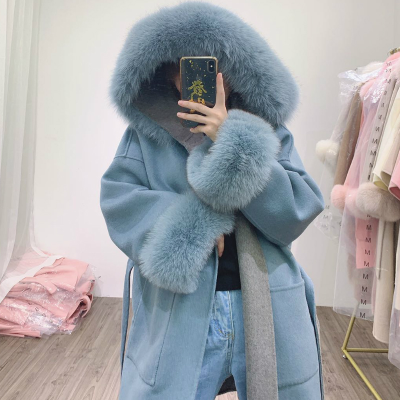 OFTBUY Real Fur Coat Winter Jacket Women Natural Fox Fur Collar Pocket Cuffs Hood Cashmere Wool Woolen Oversize Ladies Outerwear