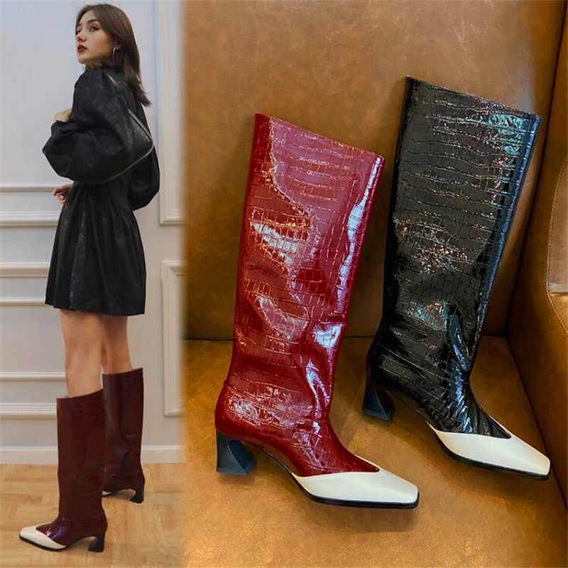 Color-blocking stone pattern strange heel women's high-heeled boots black wine red thin straight through boots winter
Color-blocking stone pattern strange heel women's high-heeled boots black wine red thin straight through boots winter
