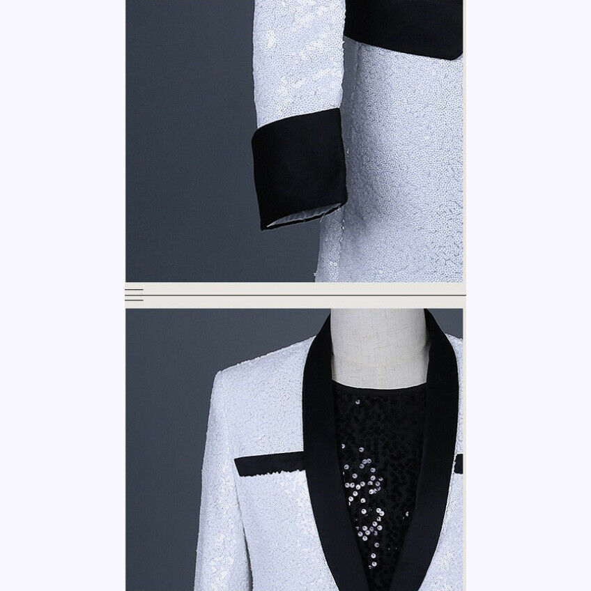 Wedding Groom Tuxedos Sequings White & Black One Piece Mens Coat Magician Performance CostumeTuxedos Cheap Stock XXXL