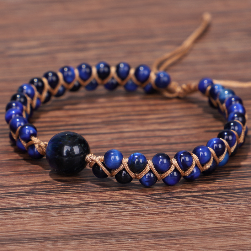 Fehame High Quality Natural Lapis Lazuli Blue Tiger Eye Stone Beads Bracelets for Women Men Stretch Round Bracelet Couple Gift