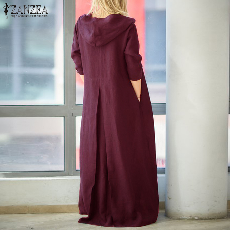 ZANZEA Women Sundress Plus Size Hooded Maxi Dress Vintage Cotton Linen Dress Female Casual Vestidos Long Sleeve Robe 5XL 200928