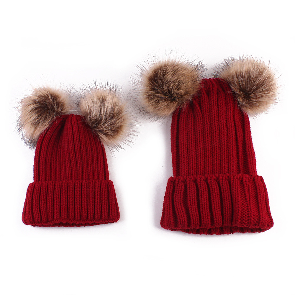 Fashion Parent-child Caps Cute Infant Baby Pom Pom Cap Winter Double Fur Ball Hat Baby Mom Warm Knitted Hat Newborn Beanies