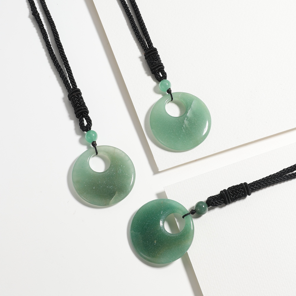 Natural Stone Lucky Coin Pendant Necklace for Women Men Reiki Healing Round Donut Crystal Jewelry Adjustable Braided Cord