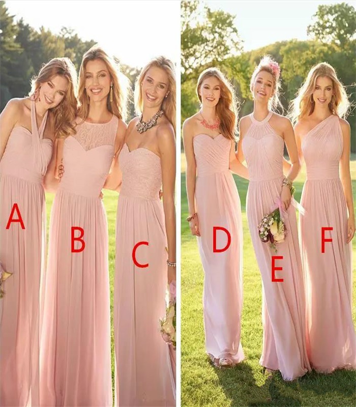new pink cheap long bridesmaid dresses mixed neckline chiffon summer lace prom party maid of honor dresses evening dress custom made