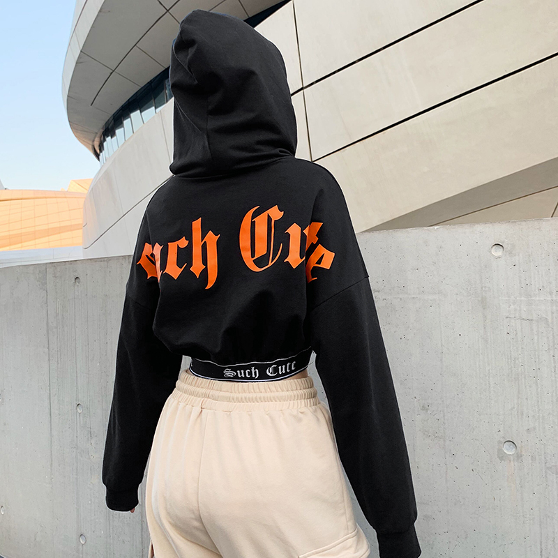 Waatfaak Hoody Streetwear Sweatshirt Women Black Harajuku Hoodies Women Letter Print Casual Autumn Crop Sweat Femme Hip Hop Top CX200808