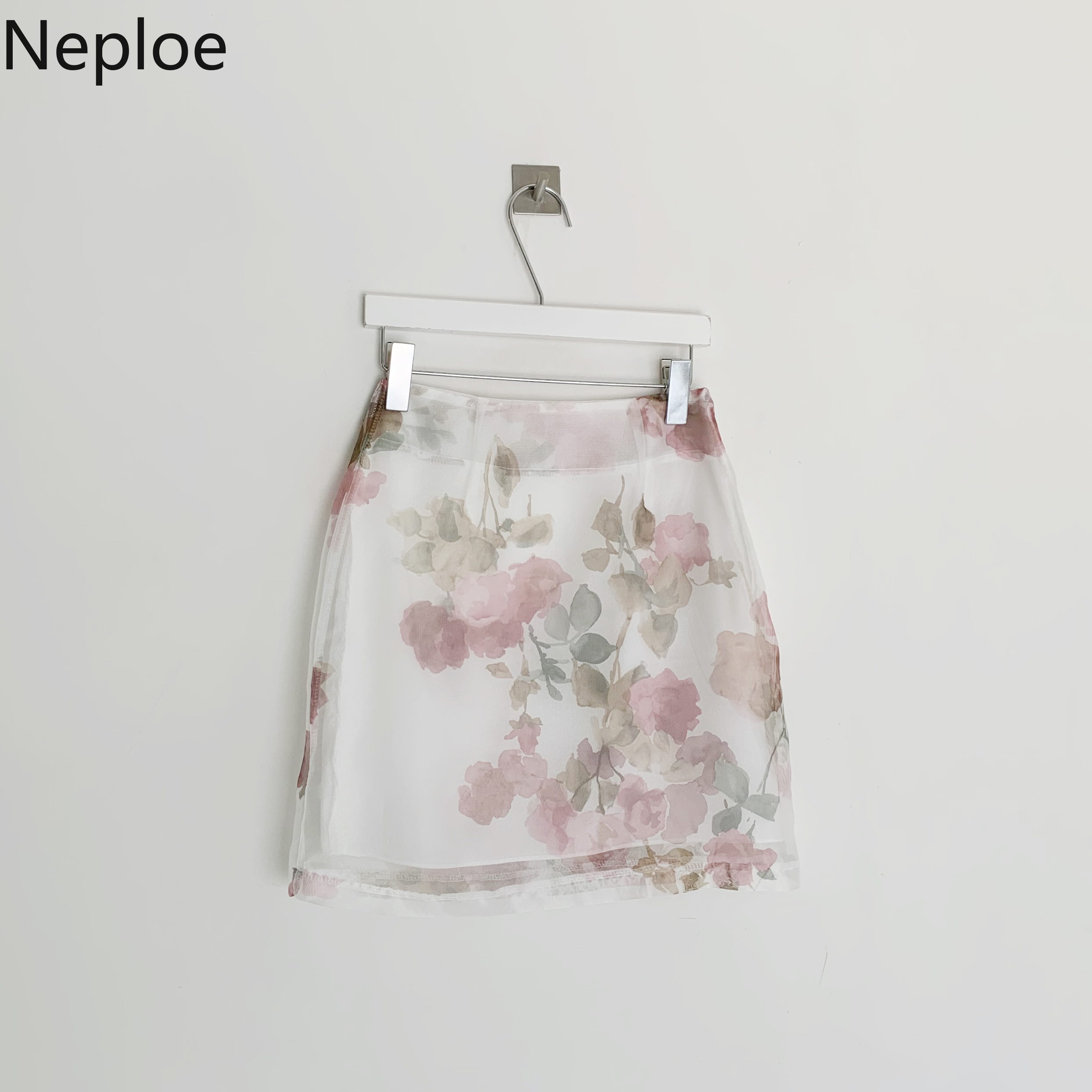 Neploe 2 Piece Set Women Korean Chic Transparent Long Sleeve Shirts+Flower Print High Waist A Line Skirts Fashion Suits 1B491
