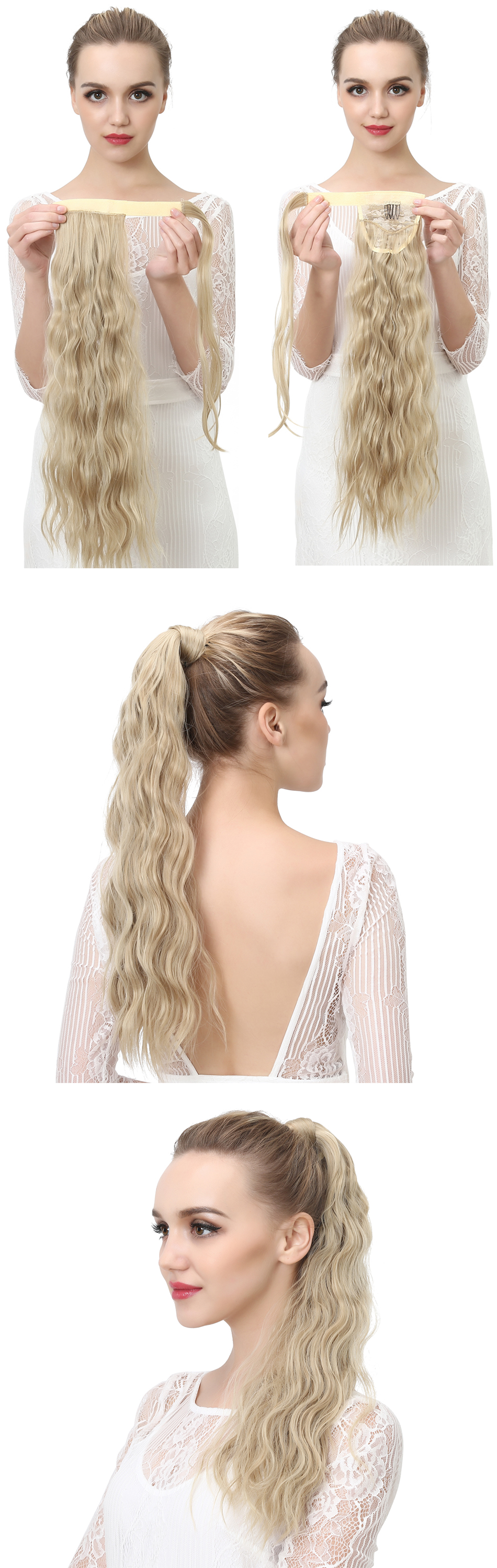 blond Virgin Ponytail Hair Extension Clip in wavy Kinky Curly Long Human 613 Wrap Around Pony Tail honey Blonde Hairpiece 120g