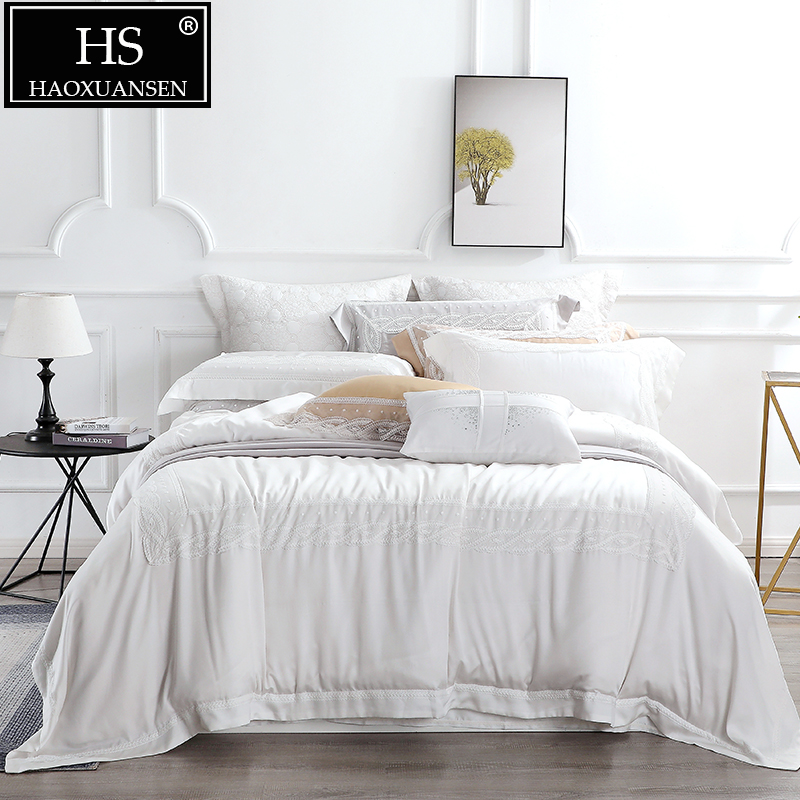 White 100% Tencel Lyocell 4 Piece Lace Bedding Sets Modern Fashion 650 Thread Count Tencel Silk Duvet Cover Set King Size
White 100% Tencel Lyocell 4 Piece Lace Bedding Sets Modern Fashion 650 Thread Count Tencel Silk Duvet Cover Set King Size