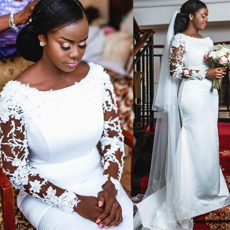 African Satin Mermaid Wedding Dresses 2021 Long Sleeves Lace Beaded Bridal Gowns Plus Size Elegant robes de mariée