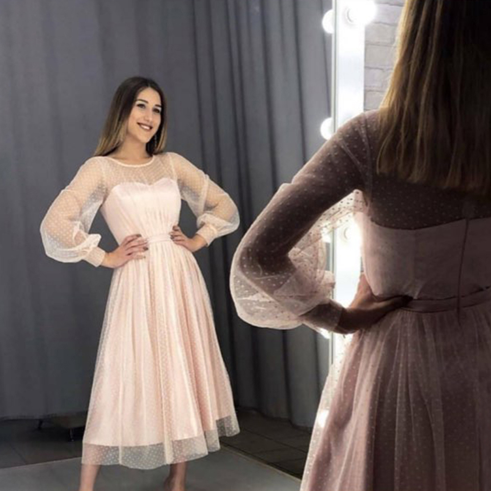 Ivory Prom Dresses New Dot Tulle A Line Elegant Party Dress Long Sleeves Short Gown Sweetheart Bead Belt Evening Dress Plus Size