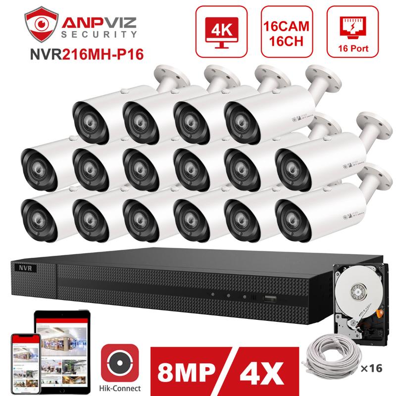 

Hikvision OEM 16CH 4K NVR Anpviz 8MP 4X POE IP Camera System Indoor/Outdoor 16pcs IP Camera Security System Kit IP66 30m