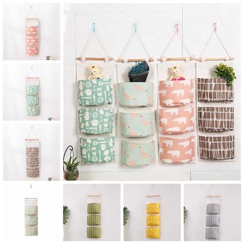 7Colors Wall Hanging Organizer Bags Cotton Linen Holder Storage Bag Door Hanging Sundry Bags 3 Pockets Sorting Bags