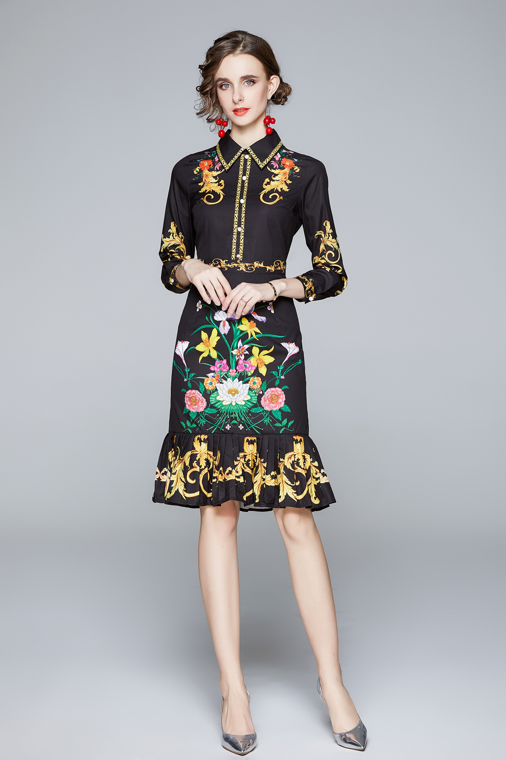 New Summer Runway Vintage Floral Baroque Print Collar Long Sleeve Button Front Women Ladies Casual Party Beach A-Line Midi Fishtail Dress, Black;gray
New Summer Runway Vintage Floral Baroque Print Collar Long Sleeve Button Front Women Ladies Casual Party Beach A-Line Midi Fishtail Dress, Black;gray