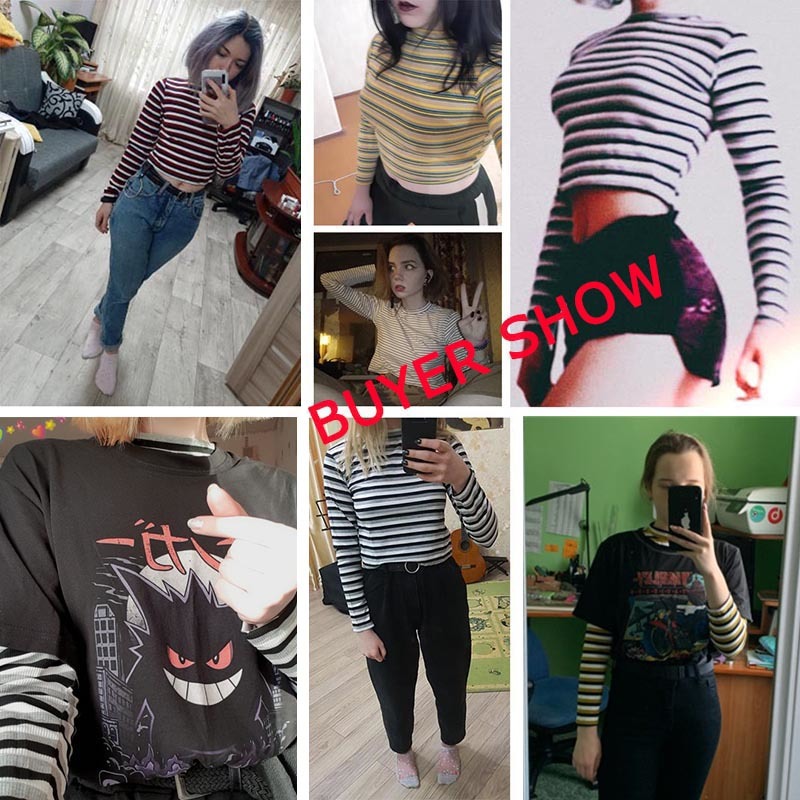 Women Crop Top Long Sleeve T Shirt Striped Short Sexy T-shirt Feminina Knitted Tshirt Streetwear Female Clothes Black T1