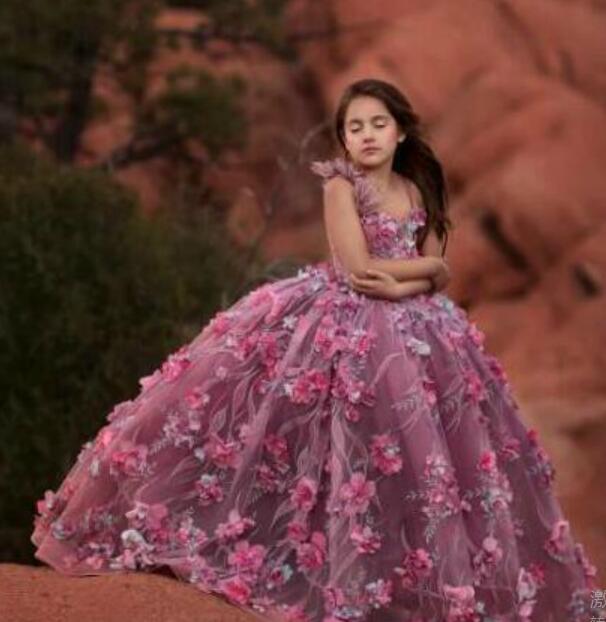 fashion girls pageant dresses 3d floral appliques lace beaded spaghetti feathers party birthday gowns flower girl dress for weddings