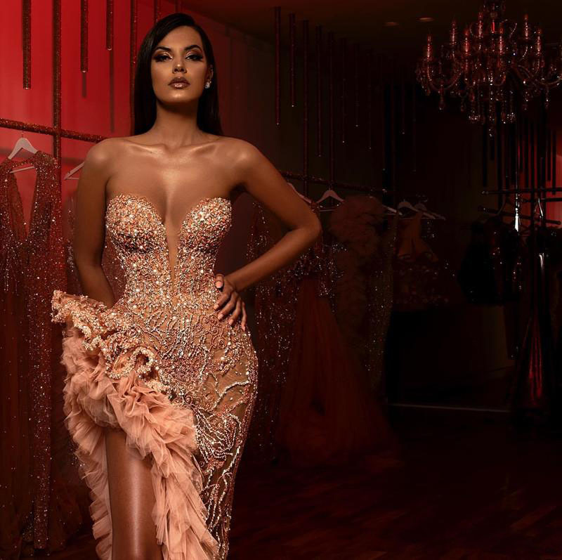 New Aso Ebi Champagne Blush Mermaid Prom Dresses 2020 Sparkly Beaded Ruffles High Slit Sweetheart Arabic Evening Dress Occasion Gown