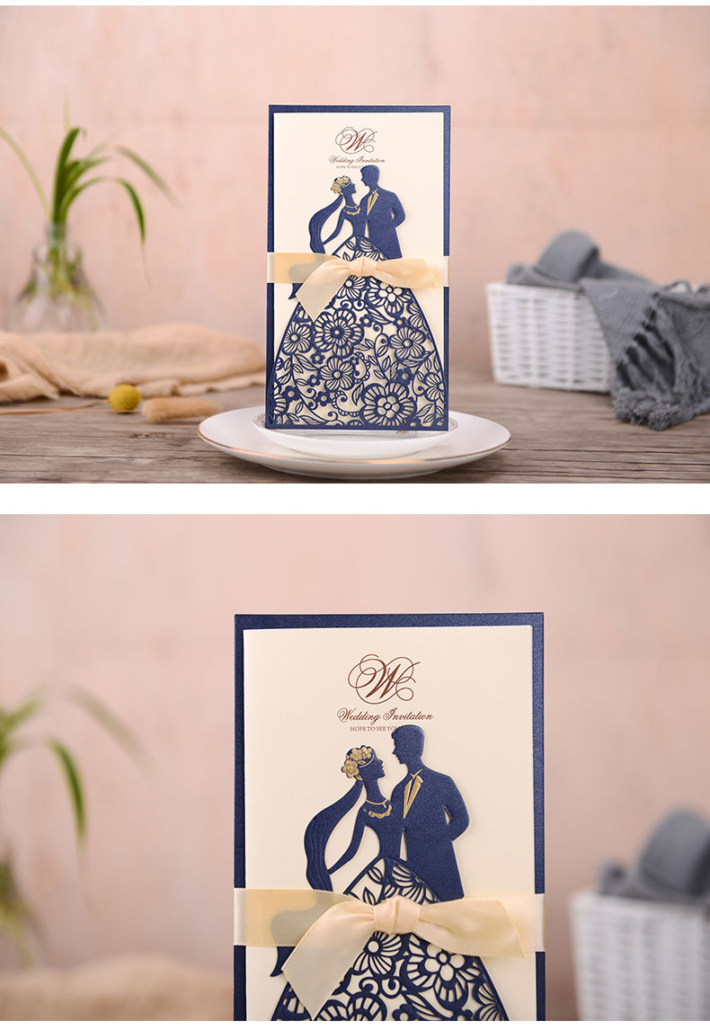 Unique Hollow Engraving Wedding Invitations Creative Brides Couples Cards Red Navy Bronze Cover Foil Stamping Vintage Wedding Invitation