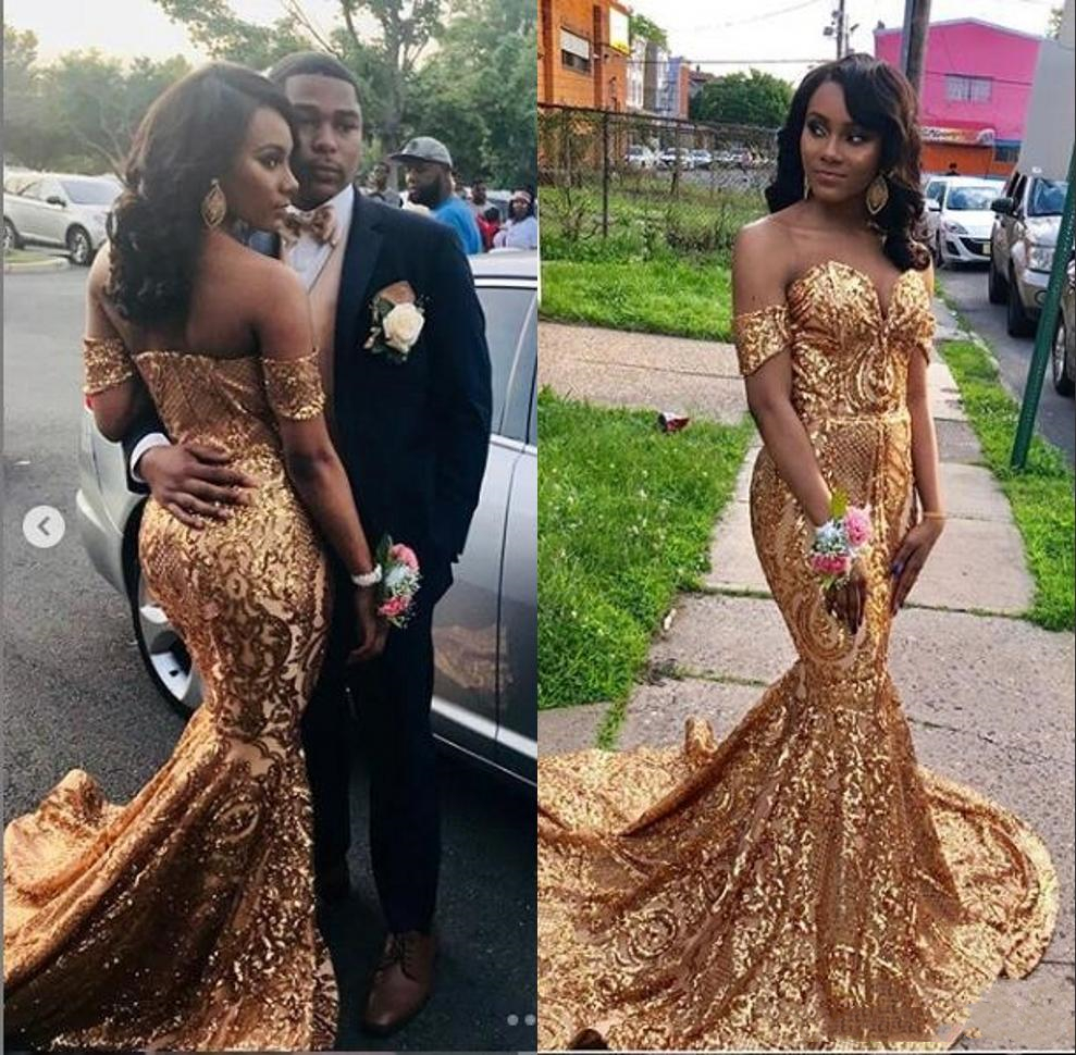 Sparkly Black Girls Mermaid Prom Dresses New Long Off The Shoulder Sweep train Sweetheart Formal Evening Dress Gold Sequins Party Gowns