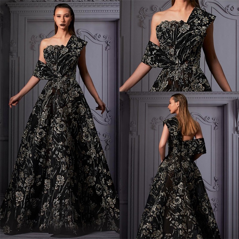 Luxury Black Prom Dresses One-shoulder Sleeveless Lace Appliqued Beads Ruffles Evening Dress Sexy Backless Party Dress robes de soirée