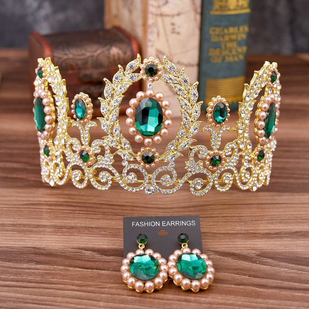 Baroque Royal Queen King Pearl Bridal Tiaras Crowns Wedding Hair Accessories Rhinestone Diadem Prom Pageant Crown With Earrings Y200727