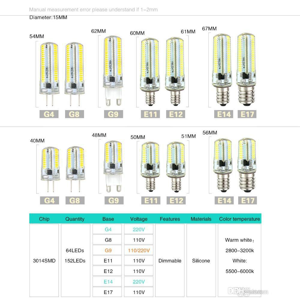 Led Light G9 G4 Led Bulb E11 E12 14 E17 G8 Dimmable Lamps 110V 220V Spotlight Bulbs 3014 SMD 64 152 Leds light