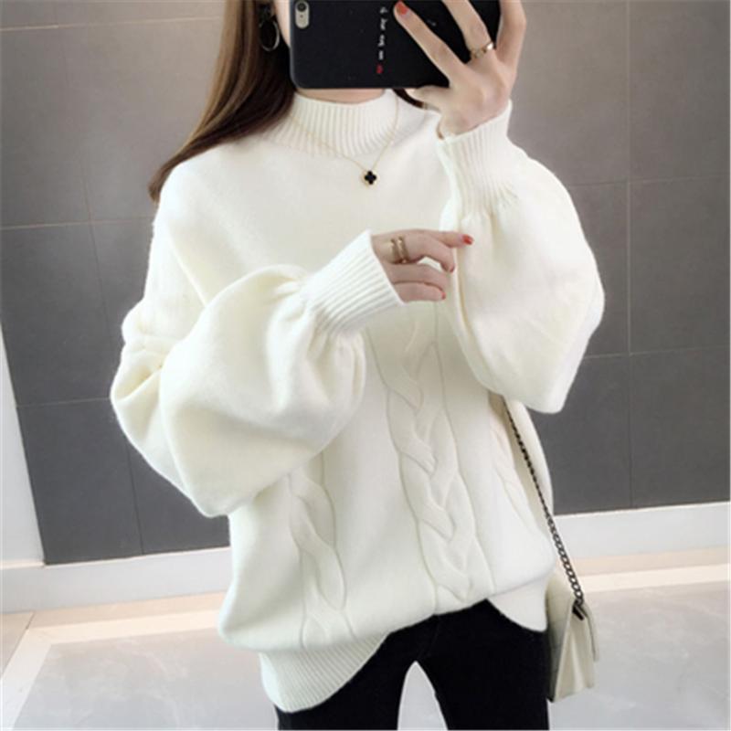 Korean Winter Women Sweater Half Turtleneck Lantern Sleeve Knit Pullover Loose Plus Size 5XL Fashion Jumper Tops 2020 Pull Z2697