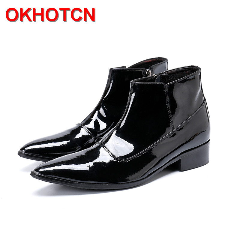 Black Russian Leather Boots Men Pointed Toe Patent Leather Shoes Low Heel Zipper Botas Hombre Plus Size 37-47 Men'S Ankle Boots, As pic
