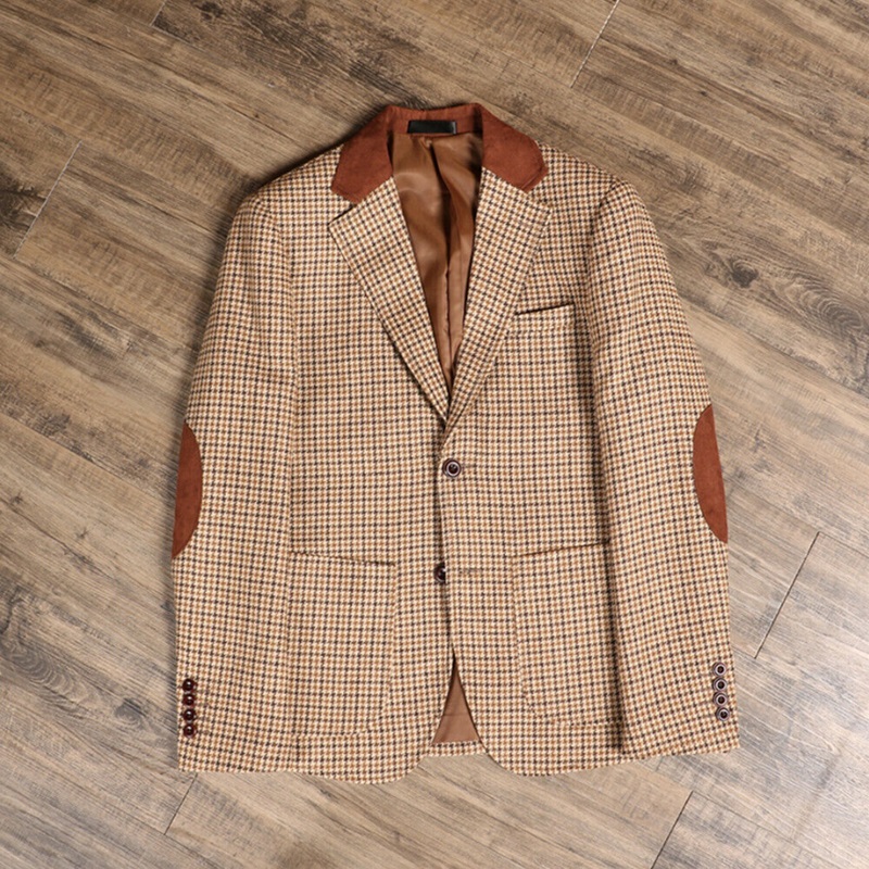 newest khaki houndstooth suits formal wool blend tweed vintage tuxedo mens two button notch lapel bridegroom suits